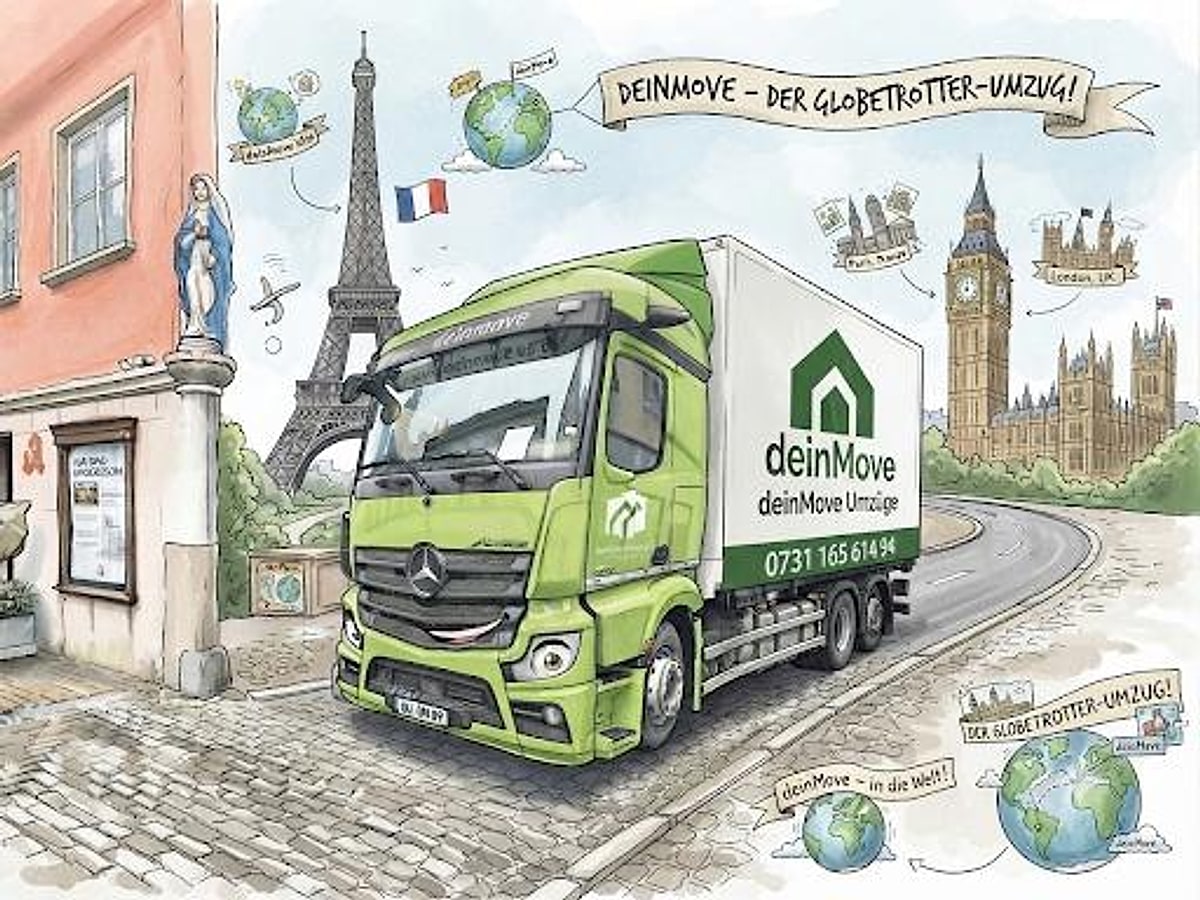 deinMove Globetrotter-Umzug: der grüne deinMove-LKW auf Europatour (Paris, London) — EU-weite Auslandsumzüge ab Ulm