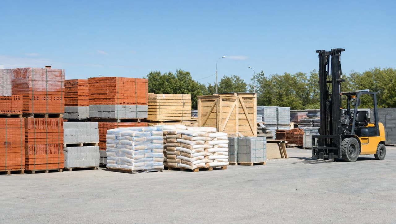 Organisierte Baustellenlogistik: Materialpaletten, Zementsäcke und Gabelstapler