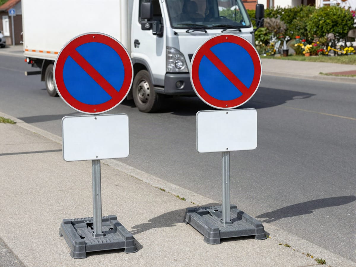 Zwei mobile Halteverbotsschilder auf tragbarem Schilderfuß am Straßenrand mit Umzugs-LKW — temporäre Halteverbotszone für den Umzug in Ulm und Neu-Ulm