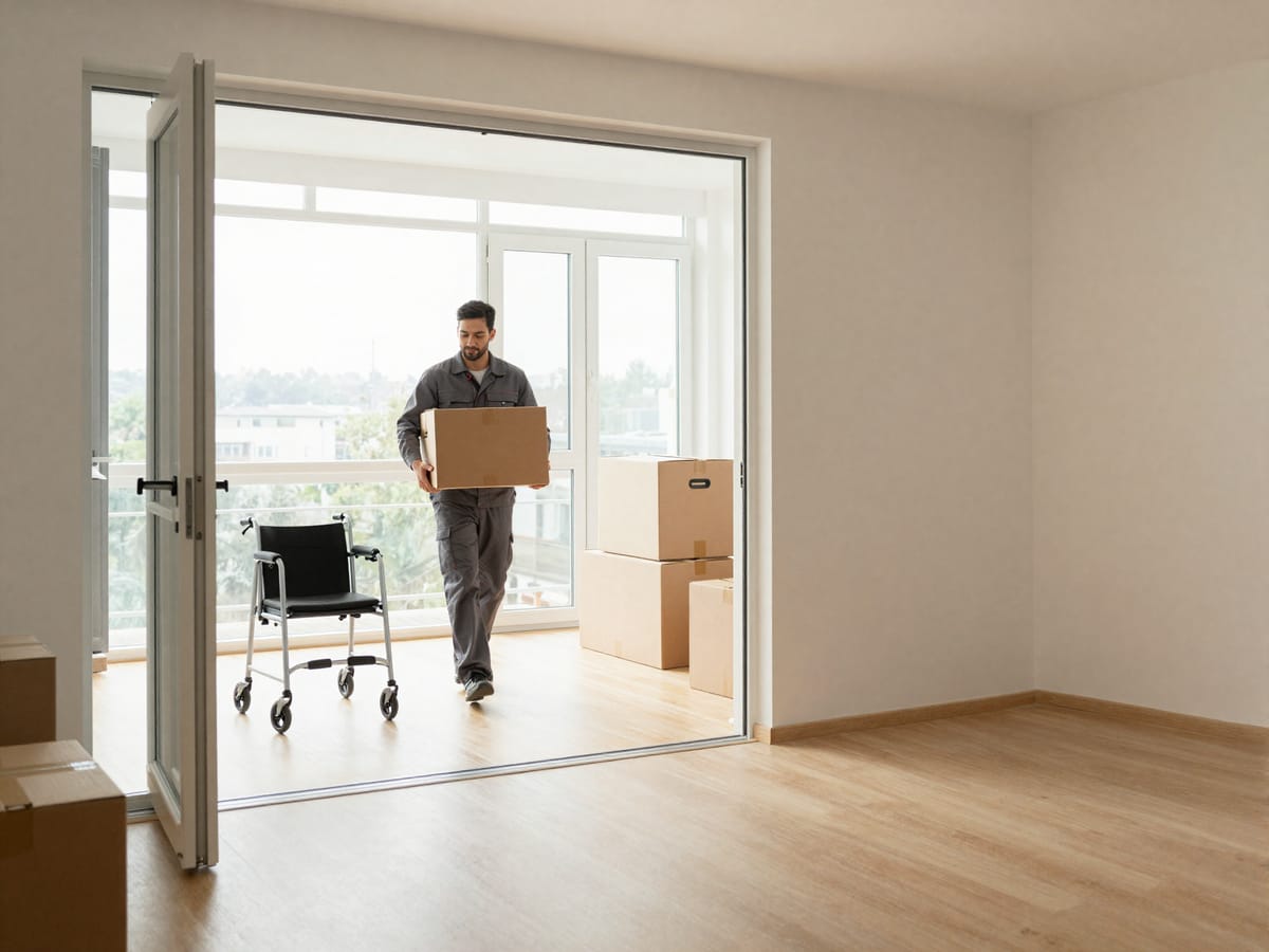Umzug über die Pflegekasse: barrierefreie Wohnung mit Gehhilfe, deinMove trägt die Umzugskartons im Raum Ulm